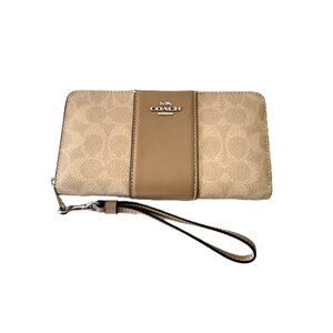 Coach CW947 Long Zip Around Wallet Signature Stripe Clutch Wristlet Sand Taupe
